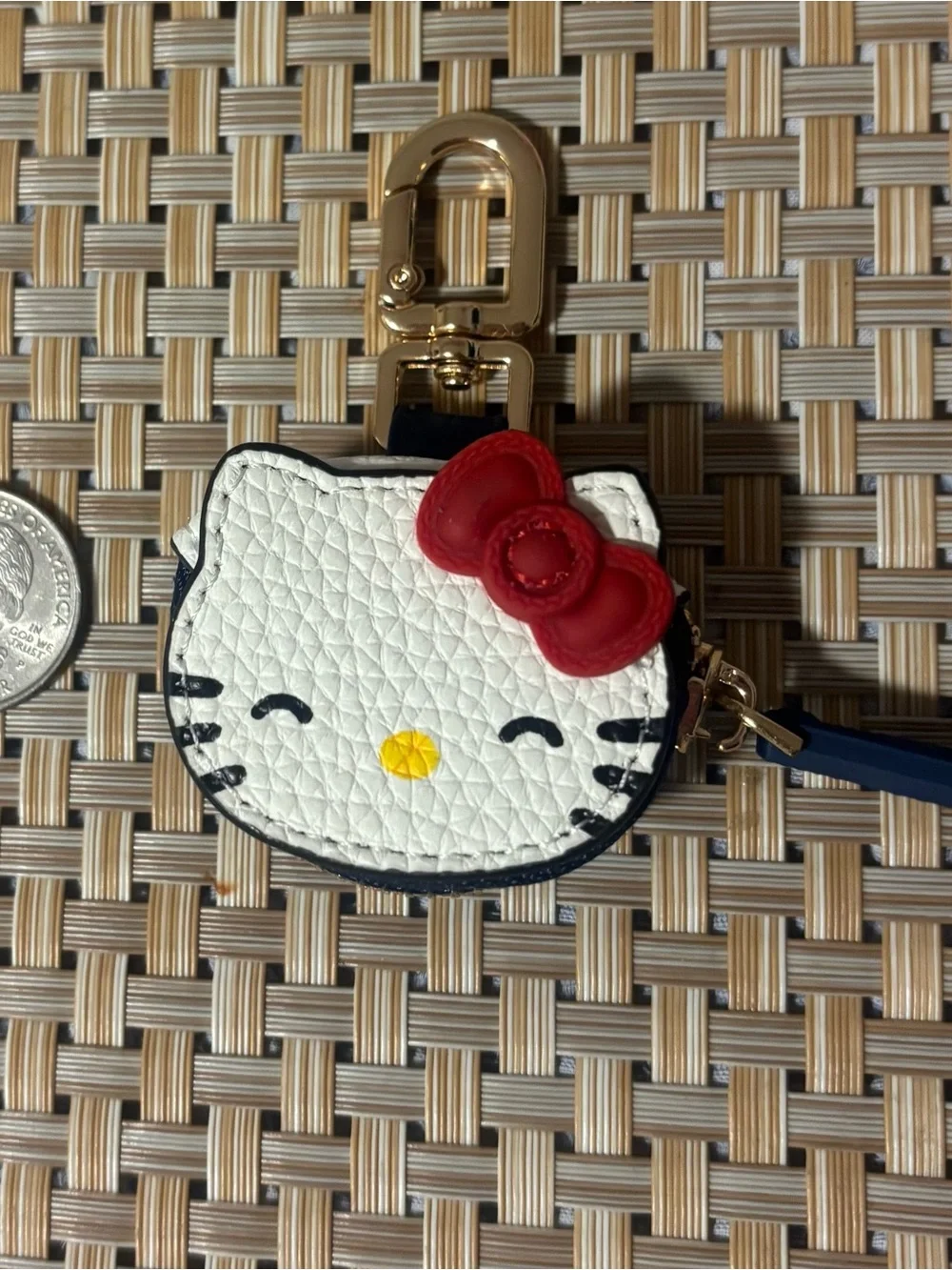 Hello Kitty White Leatherette Face Keychain coin bag with Red Bow